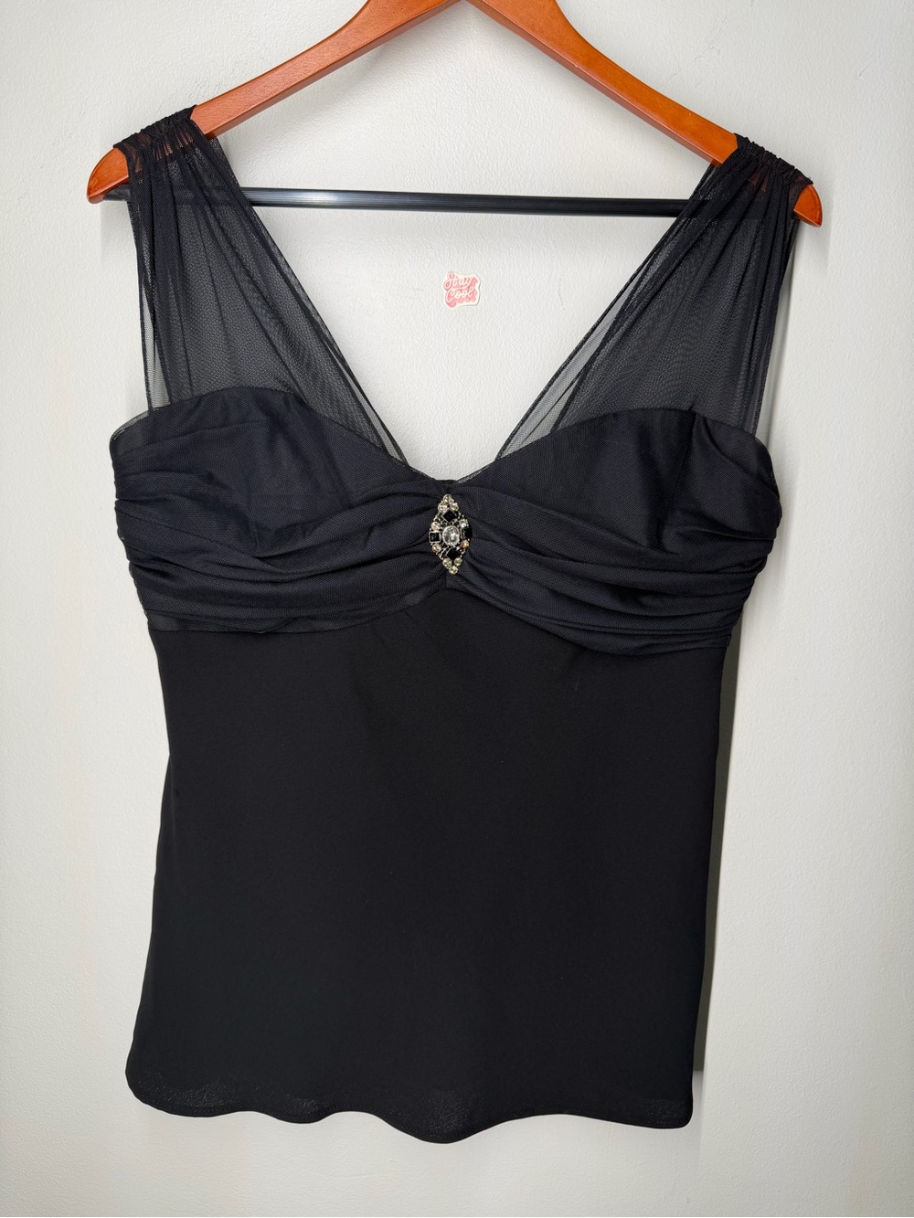 Y2K S.L. Fashions Black Illusion Mesh Rhinestone Top Whimsigoth Witchy McBling